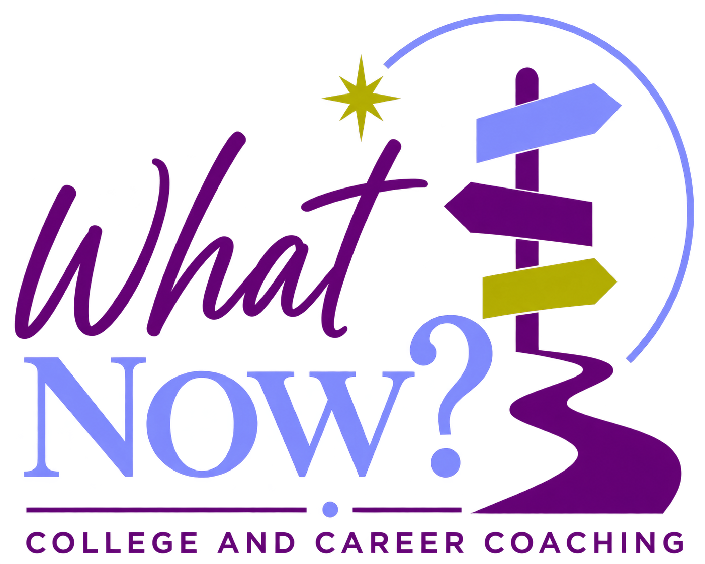 What Now? College and Career Coaching: a colorful signpost and winding path